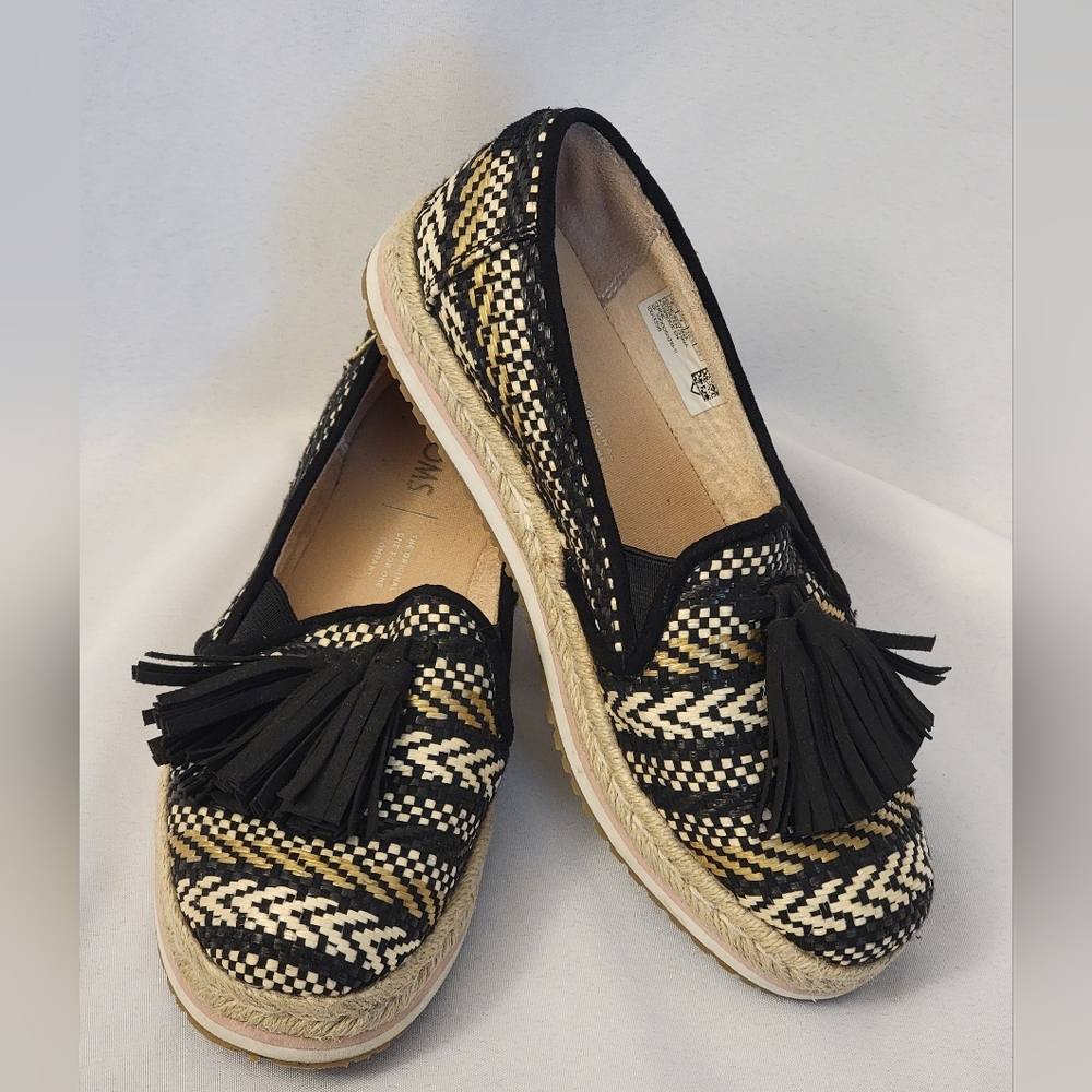 Toms Black and Tan Woven Design Espadrilles With Tassels Size 6